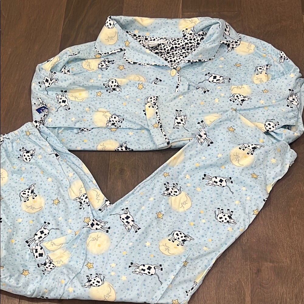 Blue Cow Print Womens Button Up Pajama Set